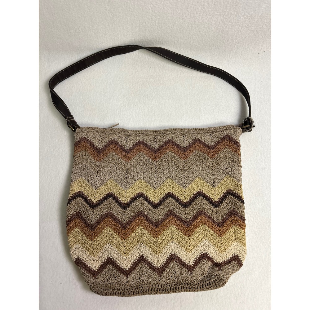 Boho Chevron Unbranded Womens Large Brown Woven Crochet Shoulder Bag